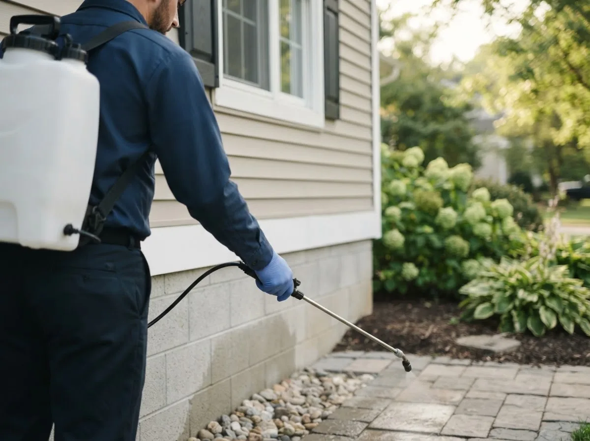 Pest control technician inspecting a home in Eldena, IL